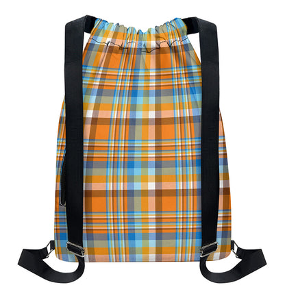 Orange And Blue Madras Pattern Print Drawstring Backpack