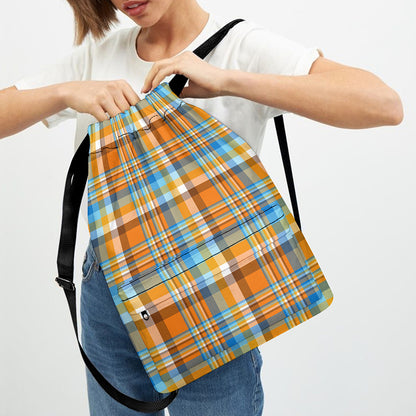 Orange And Blue Madras Pattern Print Drawstring Backpack