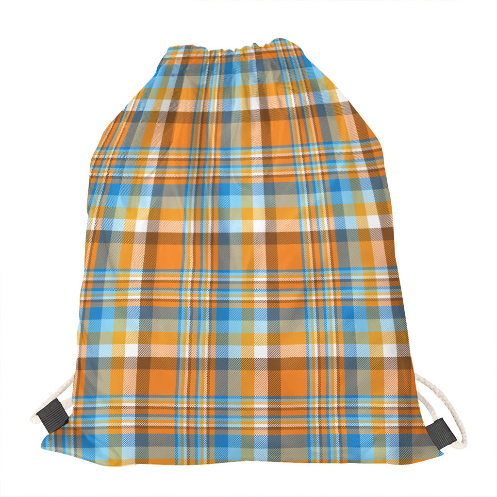 Orange And Blue Madras Pattern Print Drawstring Bag