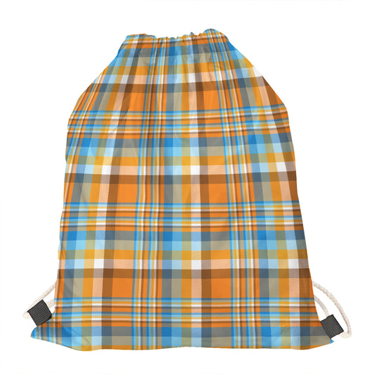 Orange And Blue Madras Pattern Print Drawstring Bag