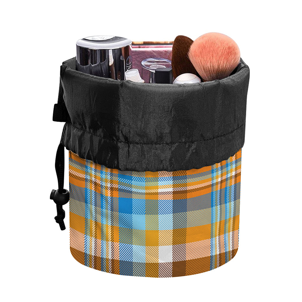 Orange And Blue Madras Pattern Print Drawstring Makeup Bag