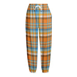 Orange And Blue Madras Pattern Print Fleece Lined Knit Pants