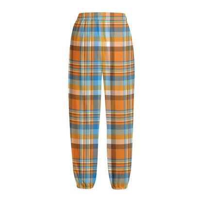 Orange And Blue Madras Pattern Print Fleece Lined Knit Pants