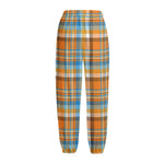 Orange And Blue Madras Pattern Print Fleece Lined Knit Pants