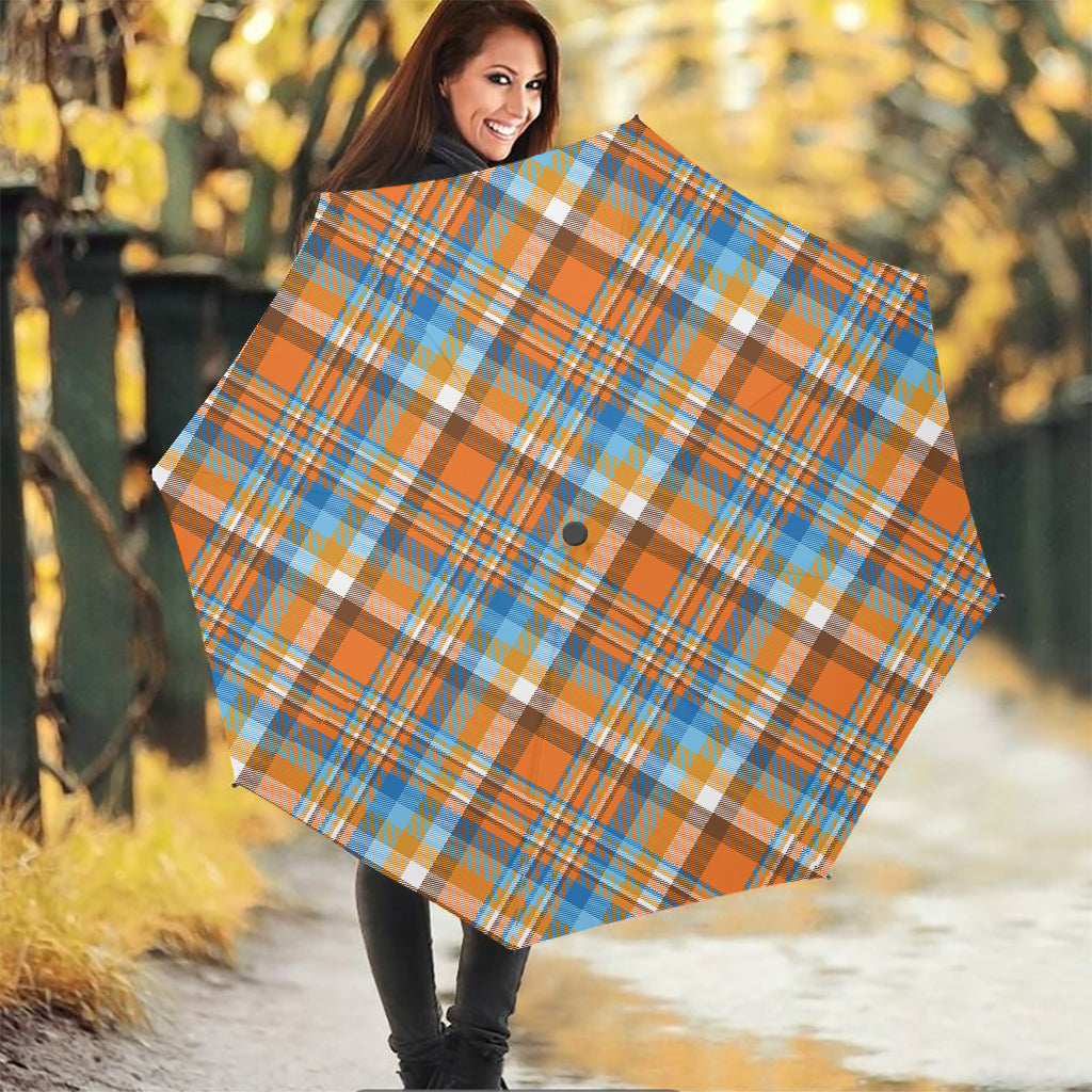 Orange And Blue Madras Pattern Print Foldable Umbrella