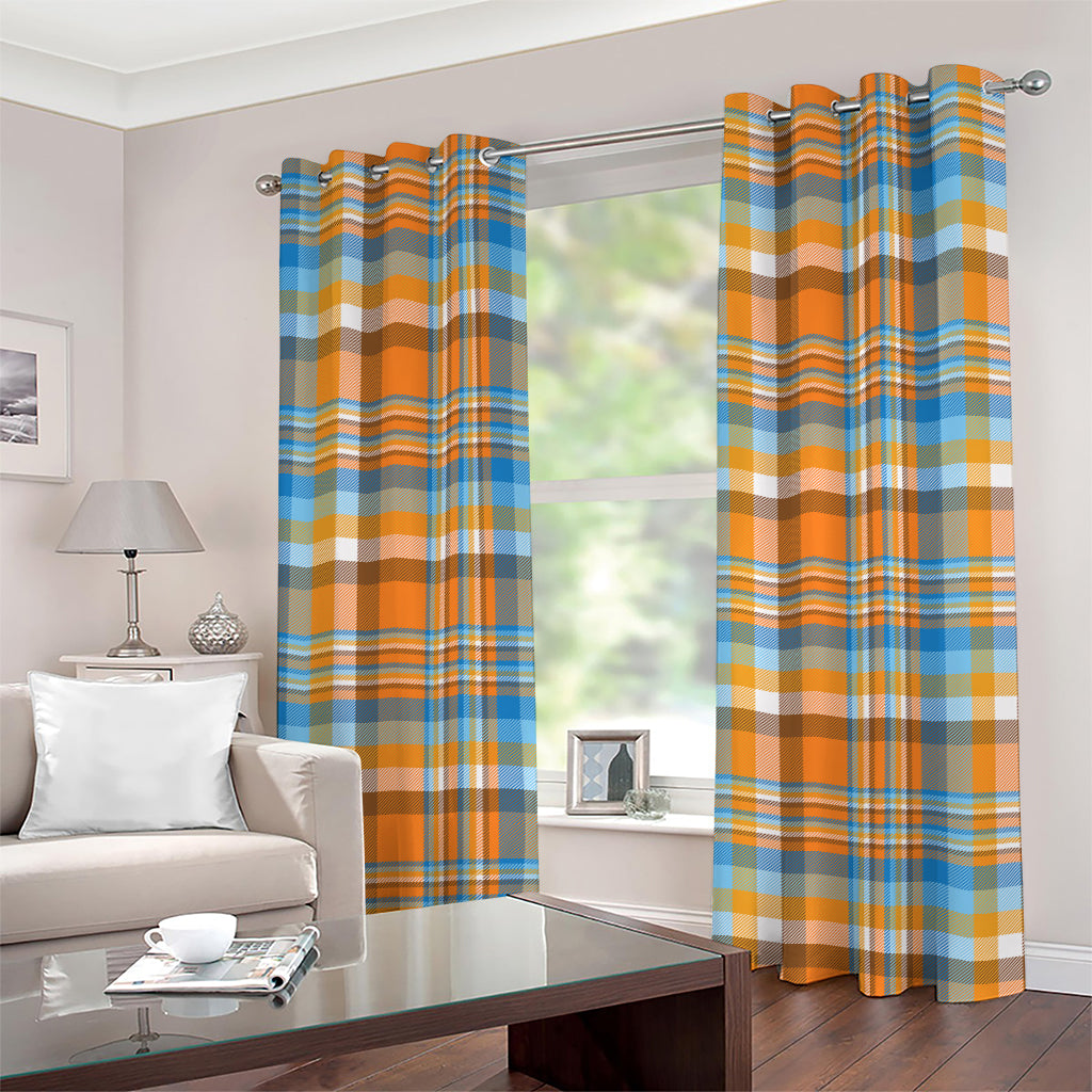 Orange And Blue Madras Pattern Print Grommet Curtains