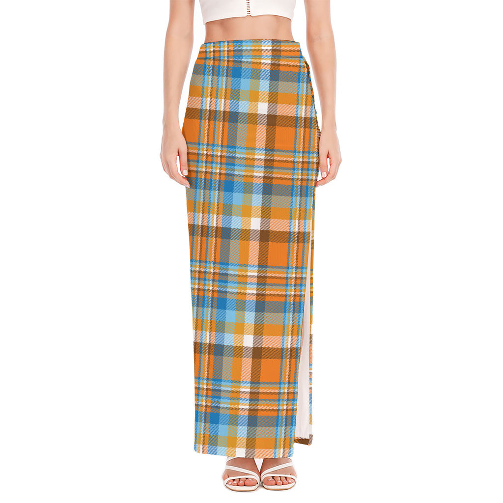 Orange And Blue Madras Pattern Print High Slit Maxi Skirt