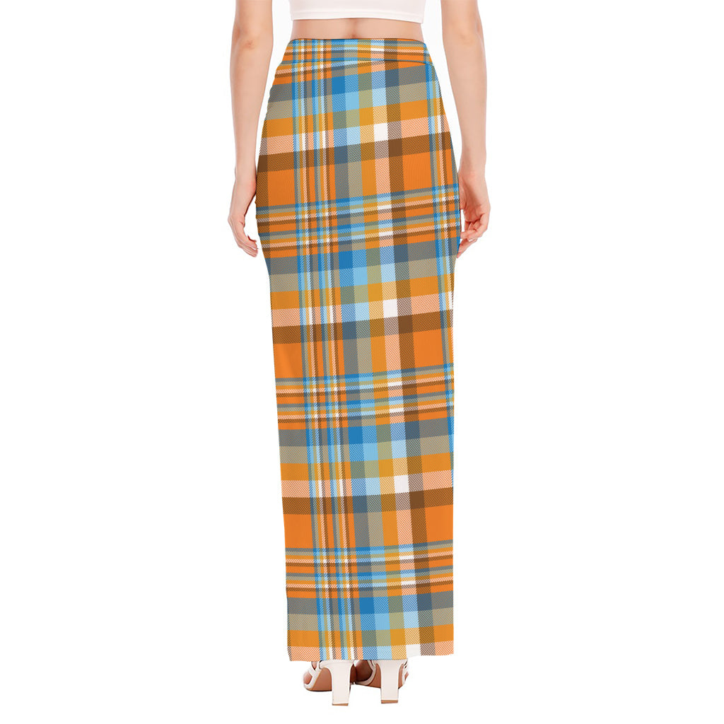 Orange And Blue Madras Pattern Print High Slit Maxi Skirt