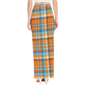 Orange And Blue Madras Pattern Print High Slit Maxi Skirt