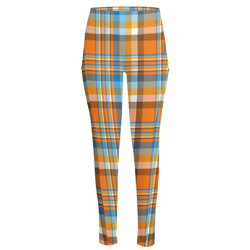 Orange And Blue Madras Pattern Print High-Waisted Pocket Leggings