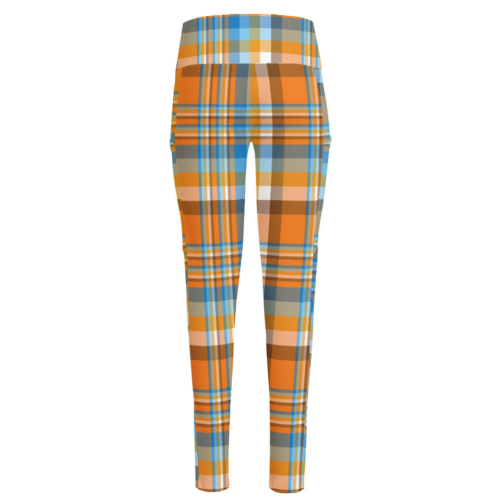 Orange And Blue Madras Pattern Print High-Waisted Pocket Leggings