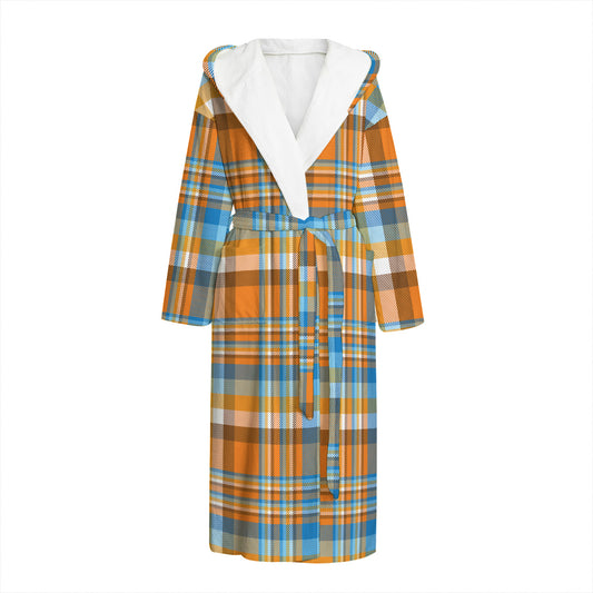 Orange And Blue Madras Pattern Print Hooded Bathrobe