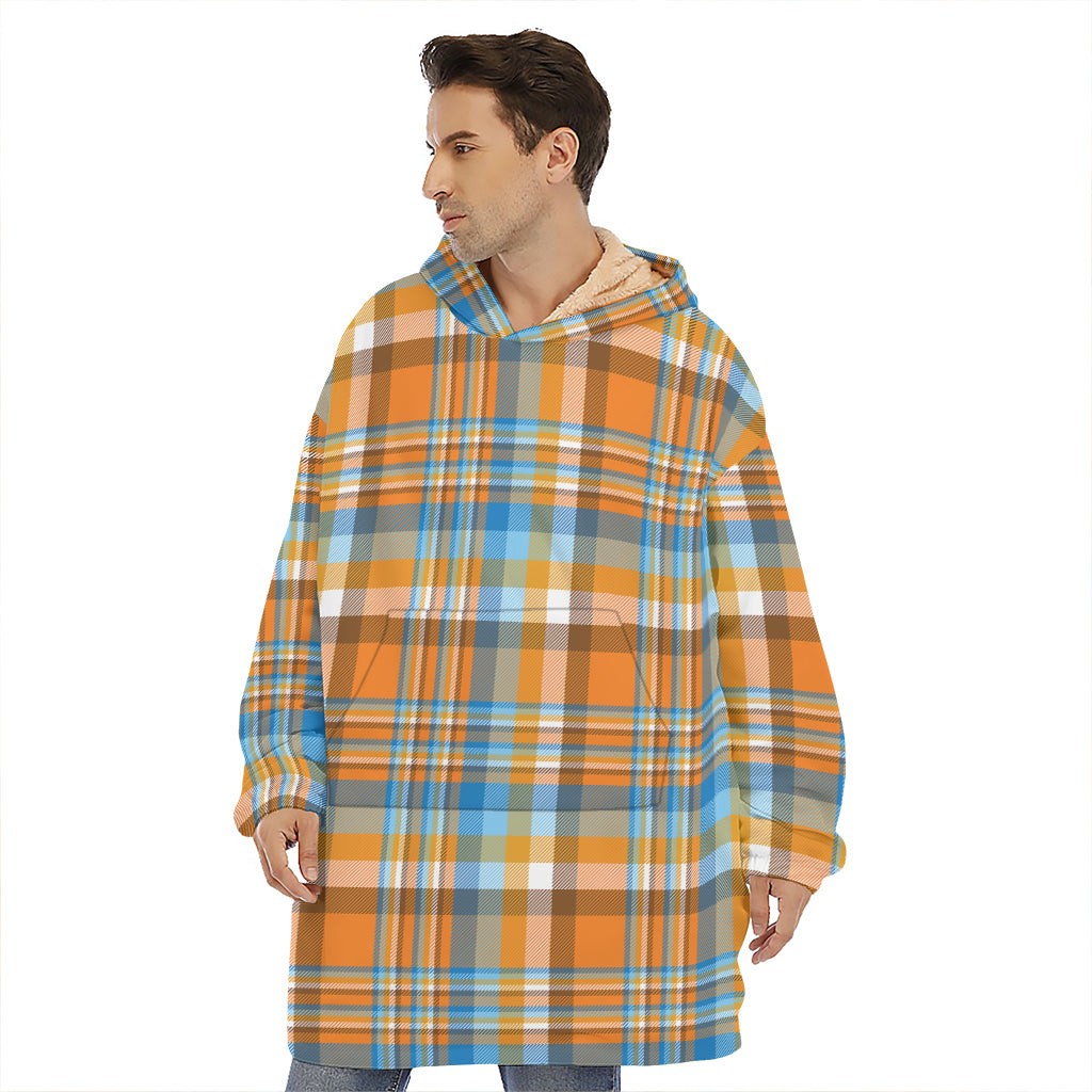 Orange And Blue Madras Pattern Print Hoodie Blanket