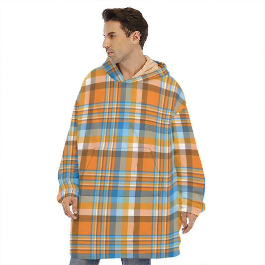 Orange And Blue Madras Pattern Print Hoodie Blanket