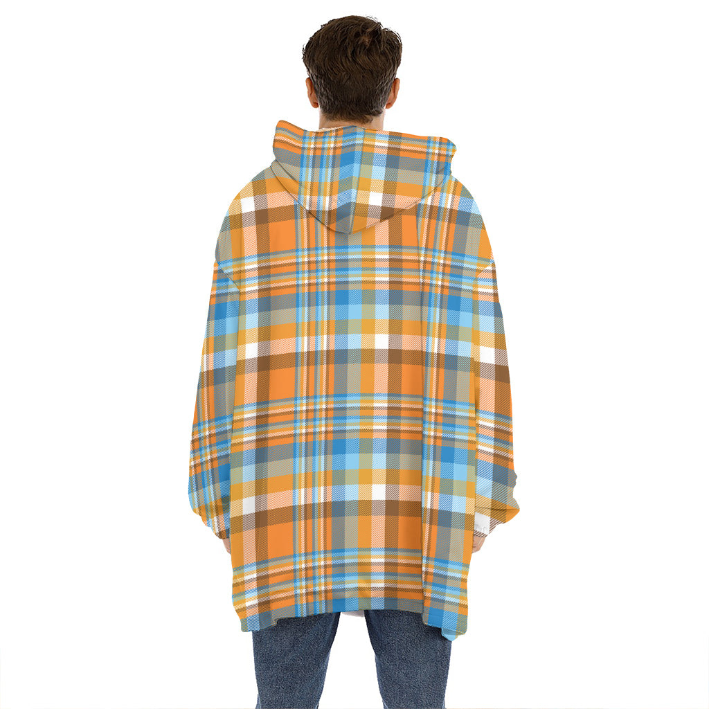 Orange And Blue Madras Pattern Print Hoodie Blanket