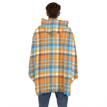 Orange And Blue Madras Pattern Print Hoodie Blanket