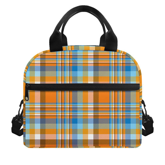 Orange And Blue Madras Pattern Print Insulated Lunch Bag