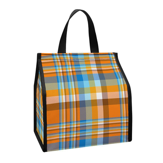 Orange And Blue Madras Pattern Print Insulated Lunch Tote