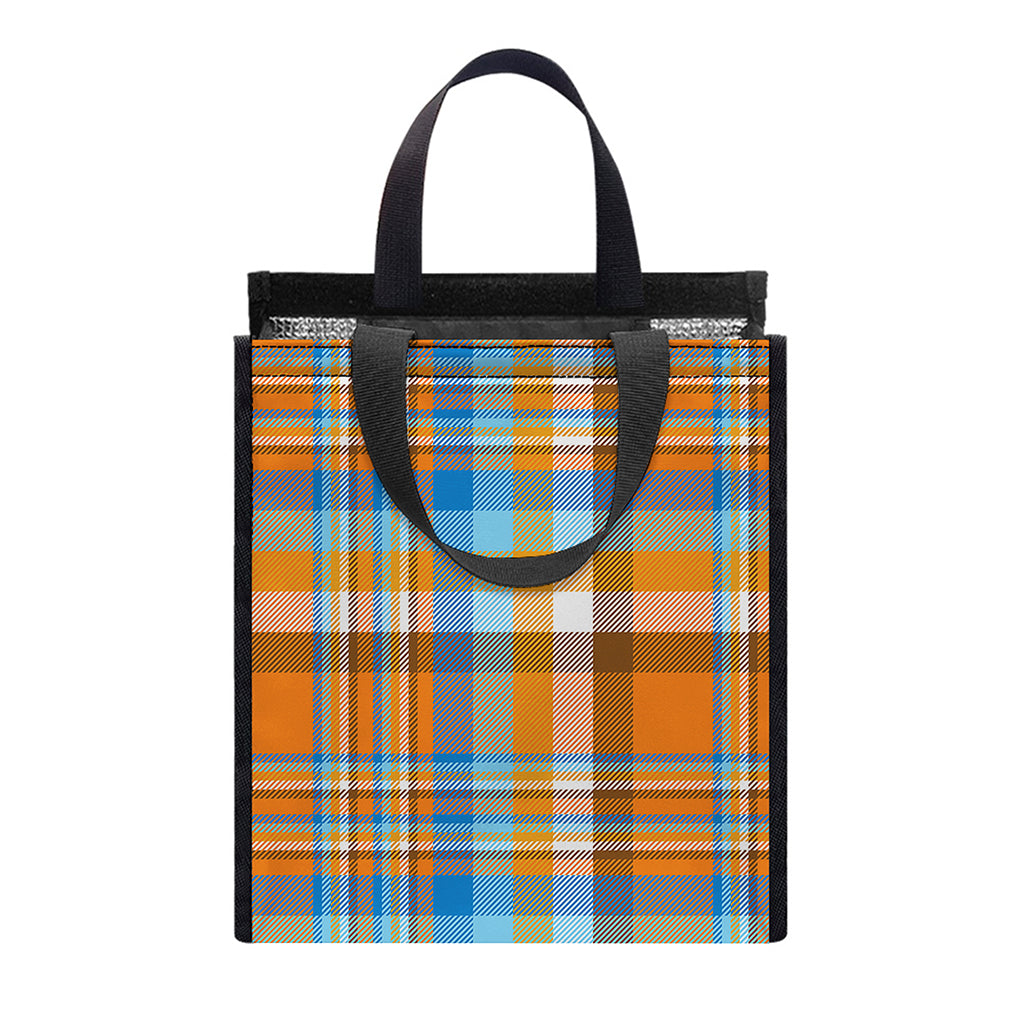 Orange And Blue Madras Pattern Print Insulated Lunch Tote