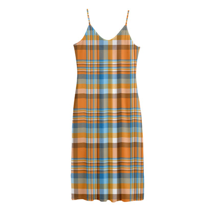 Orange And Blue Madras Pattern Print Jersey Midi Cami Dress
