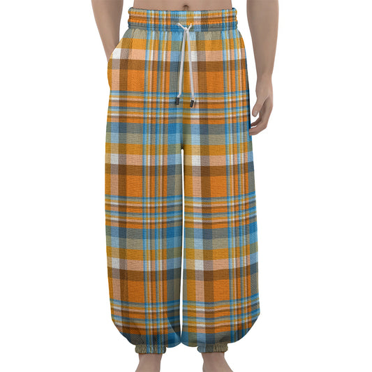 Orange And Blue Madras Pattern Print Lantern Pants