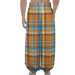 Orange And Blue Madras Pattern Print Lantern Pants