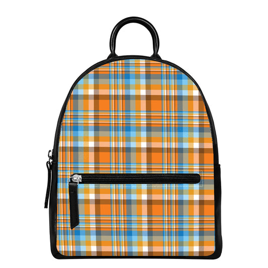 Orange And Blue Madras Pattern Print Leather Backpack