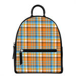 Orange And Blue Madras Pattern Print Leather Backpack