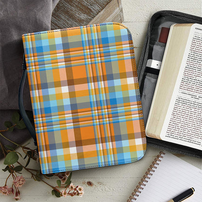 Orange And Blue Madras Pattern Print Leather Bible Cover