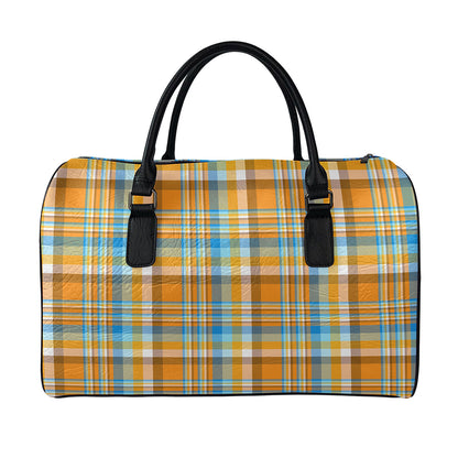 Orange And Blue Madras Pattern Print Leather Duffle Bag