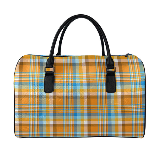 Orange And Blue Madras Pattern Print Leather Duffle Bag