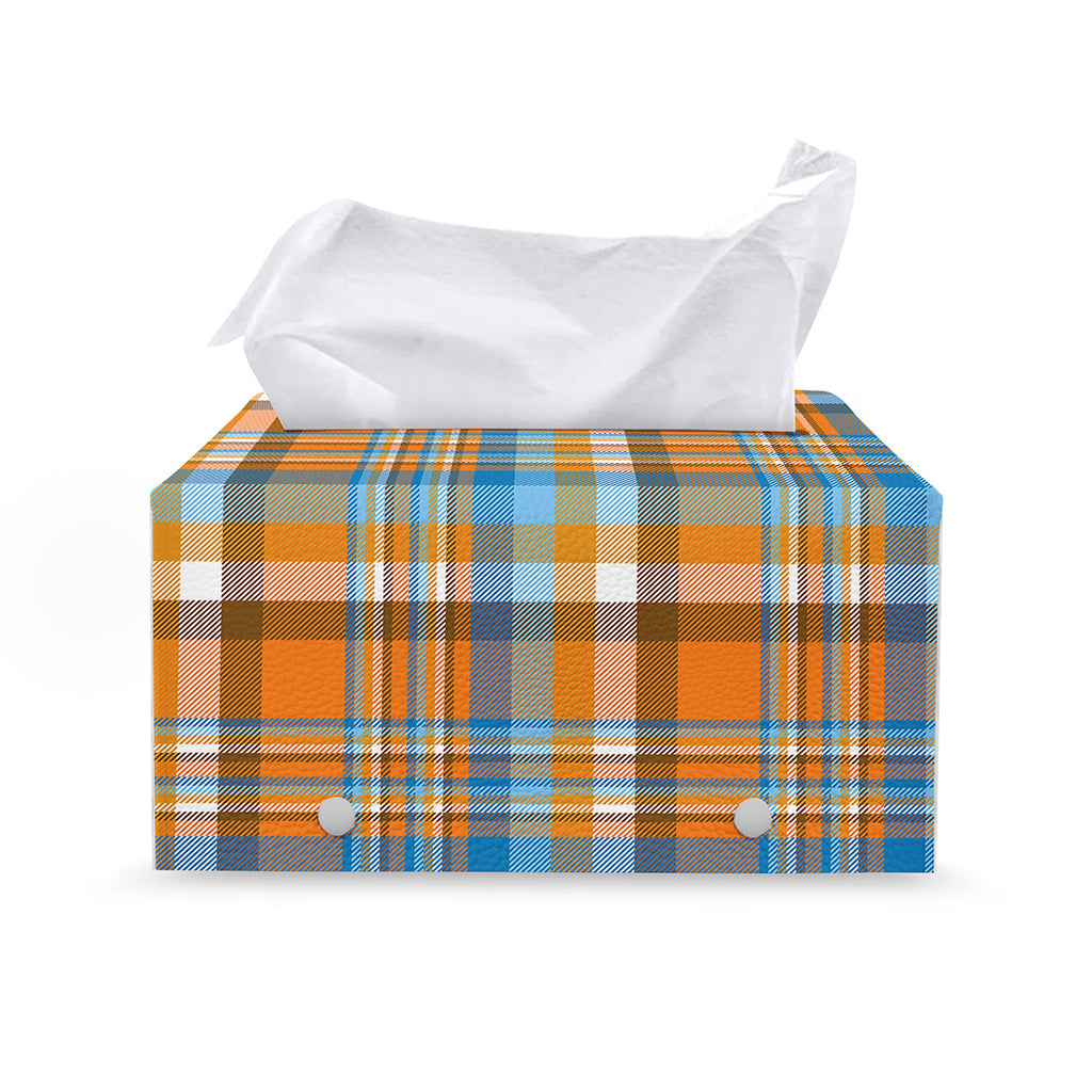 Orange And Blue Madras Pattern Print Leather Tissue Box Cover