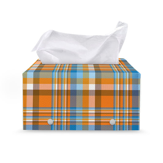Orange And Blue Madras Pattern Print Leather Tissue Box Cover