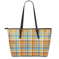 Orange And Blue Madras Pattern Print Leather Tote Bag With Zipper