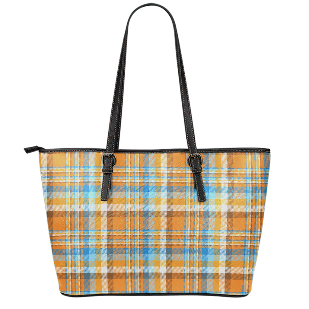 Orange And Blue Madras Pattern Print Leather Tote Bag