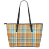 Orange And Blue Madras Pattern Print Leather Tote Bag