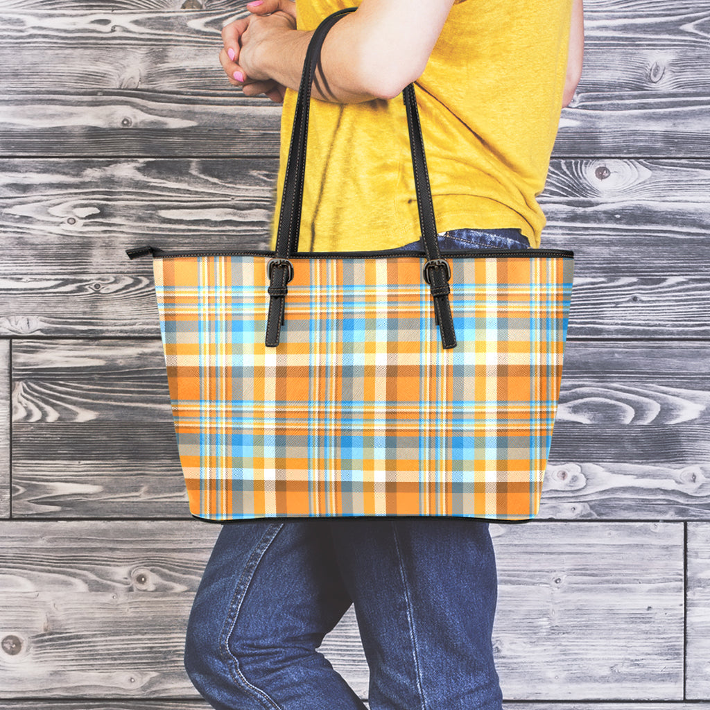 Orange And Blue Madras Pattern Print Leather Tote Bag