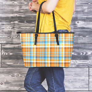 Orange And Blue Madras Pattern Print Leather Tote Bag