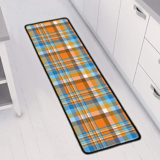 Orange And Blue Madras Pattern Print Long Kitchen Mat