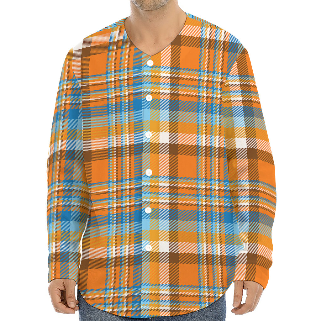 Orange And Blue Madras Pattern Print Long Sleeve Baseball Jersey