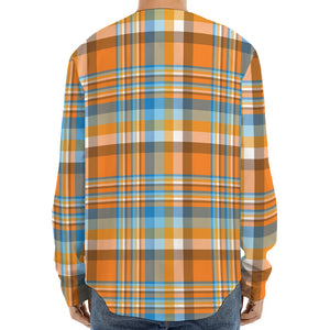 Orange And Blue Madras Pattern Print Long Sleeve Baseball Jersey