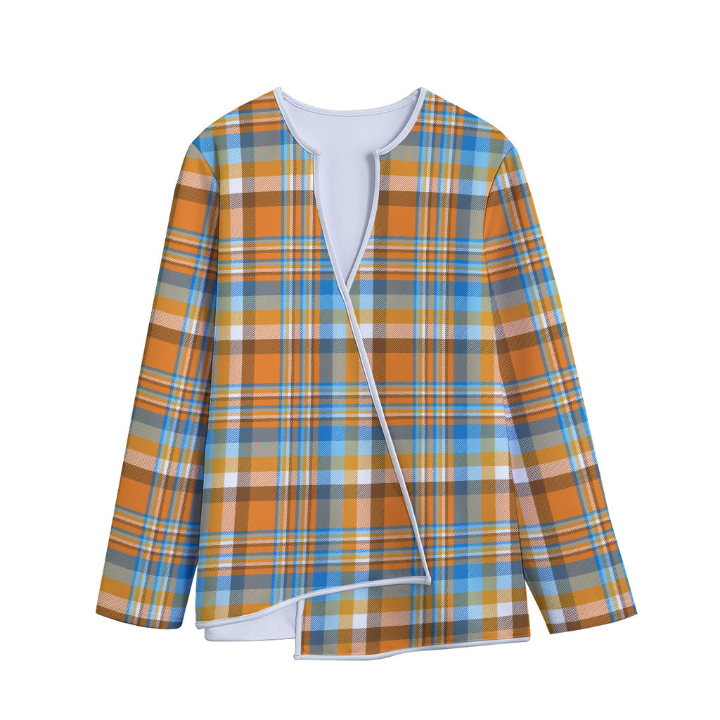 Orange And Blue Madras Pattern Print Long Sleeve Short Coat