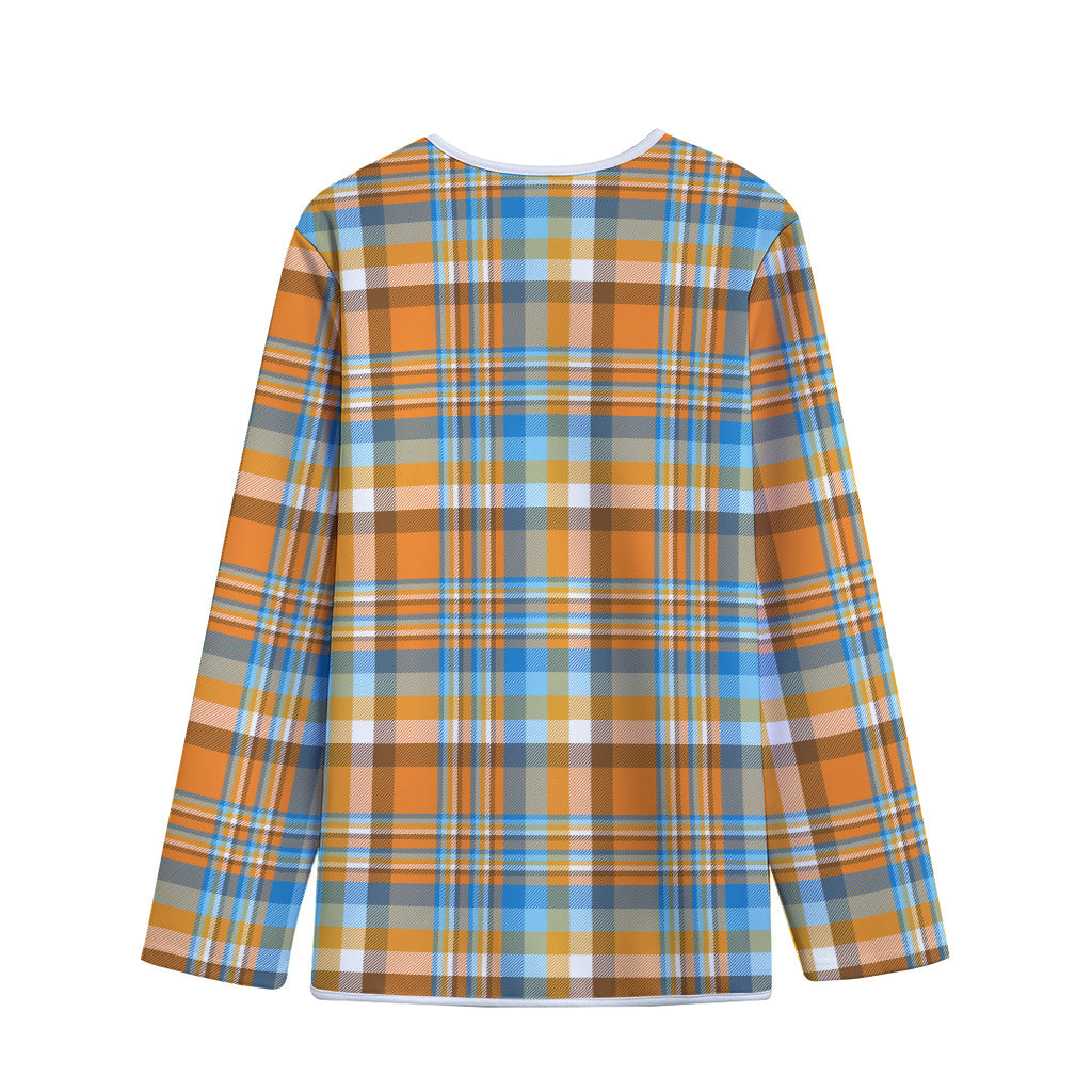 Orange And Blue Madras Pattern Print Long Sleeve Short Coat