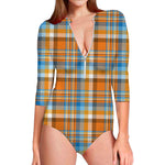 Orange And Blue Madras Pattern Print Long Sleeve Swimsuit