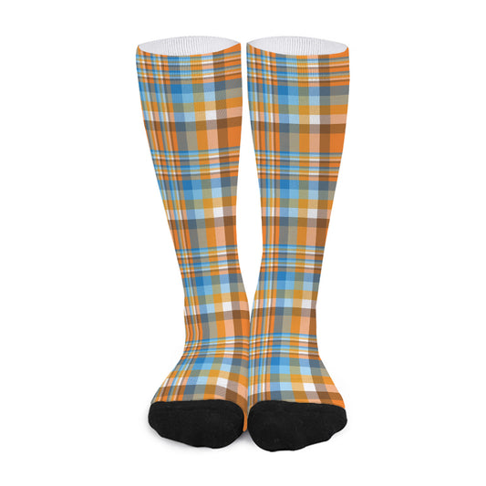 Orange And Blue Madras Pattern Print Long Socks