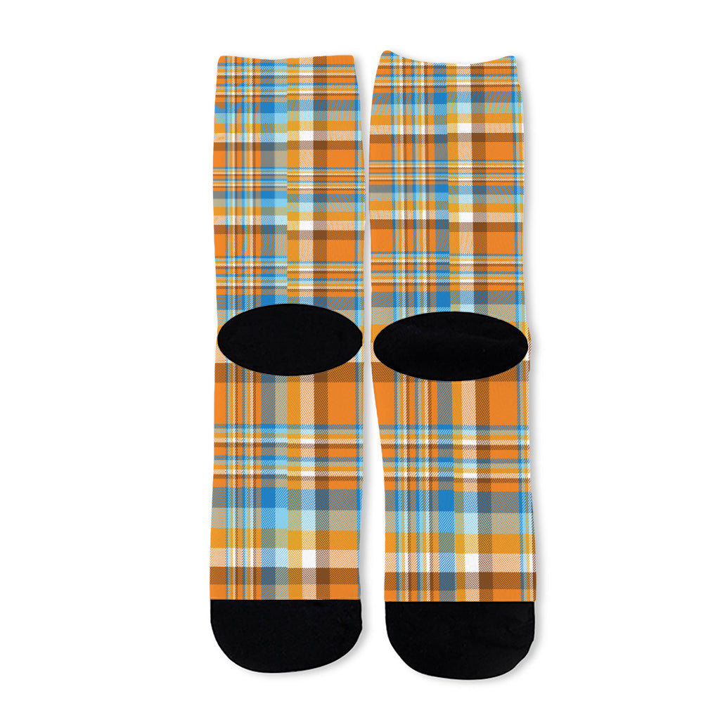 Orange And Blue Madras Pattern Print Long Socks