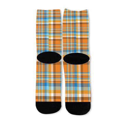 Orange And Blue Madras Pattern Print Long Socks