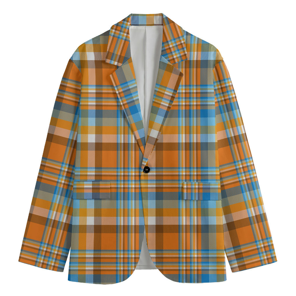 Orange And Blue Madras Pattern Print Men's Cotton Blazer