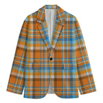 Orange And Blue Madras Pattern Print Men's Cotton Blazer