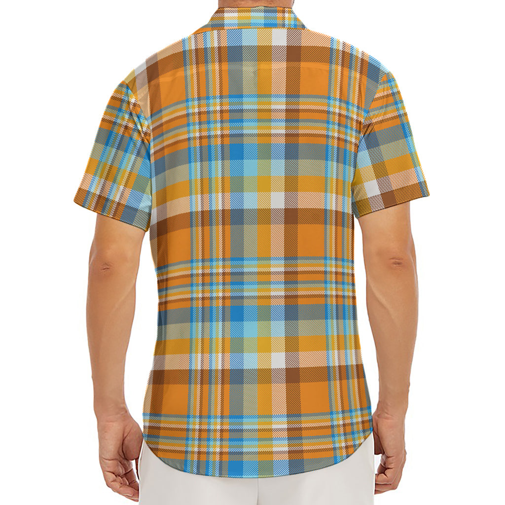 Orange And Blue Madras Pattern Print Men's Deep V-Neck Shirt